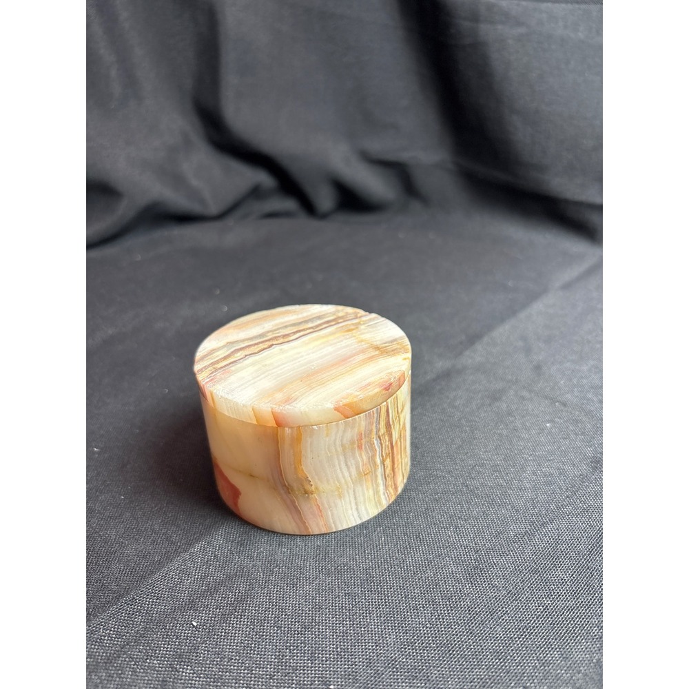 Vintage Banded Onyx Stone Trinket Box Round Polished Marble Jewelry Case Cream